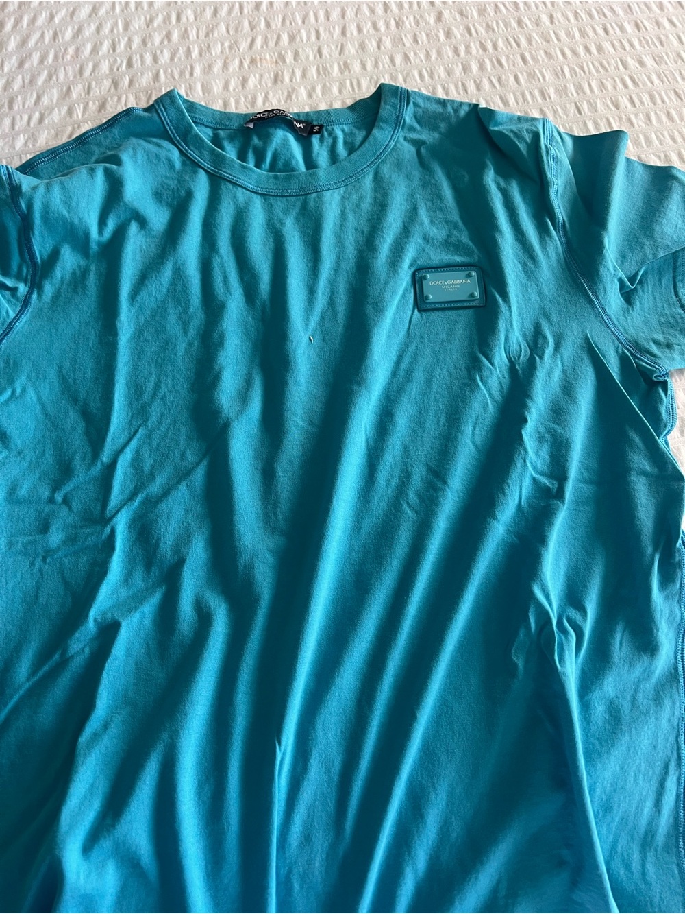 Dolce & Gabbana Men’s Turquoise Crewneck Tee with Logo Patch